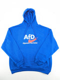 AFD blue pullover hoodie with "AfD Allgemeine Freie Denker" graphic print and kangaroo pocket.