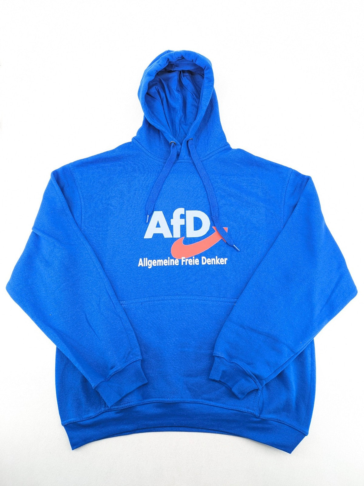 AFD blue pullover hoodie with "AfD Allgemeine Freie Denker" graphic print and kangaroo pocket.