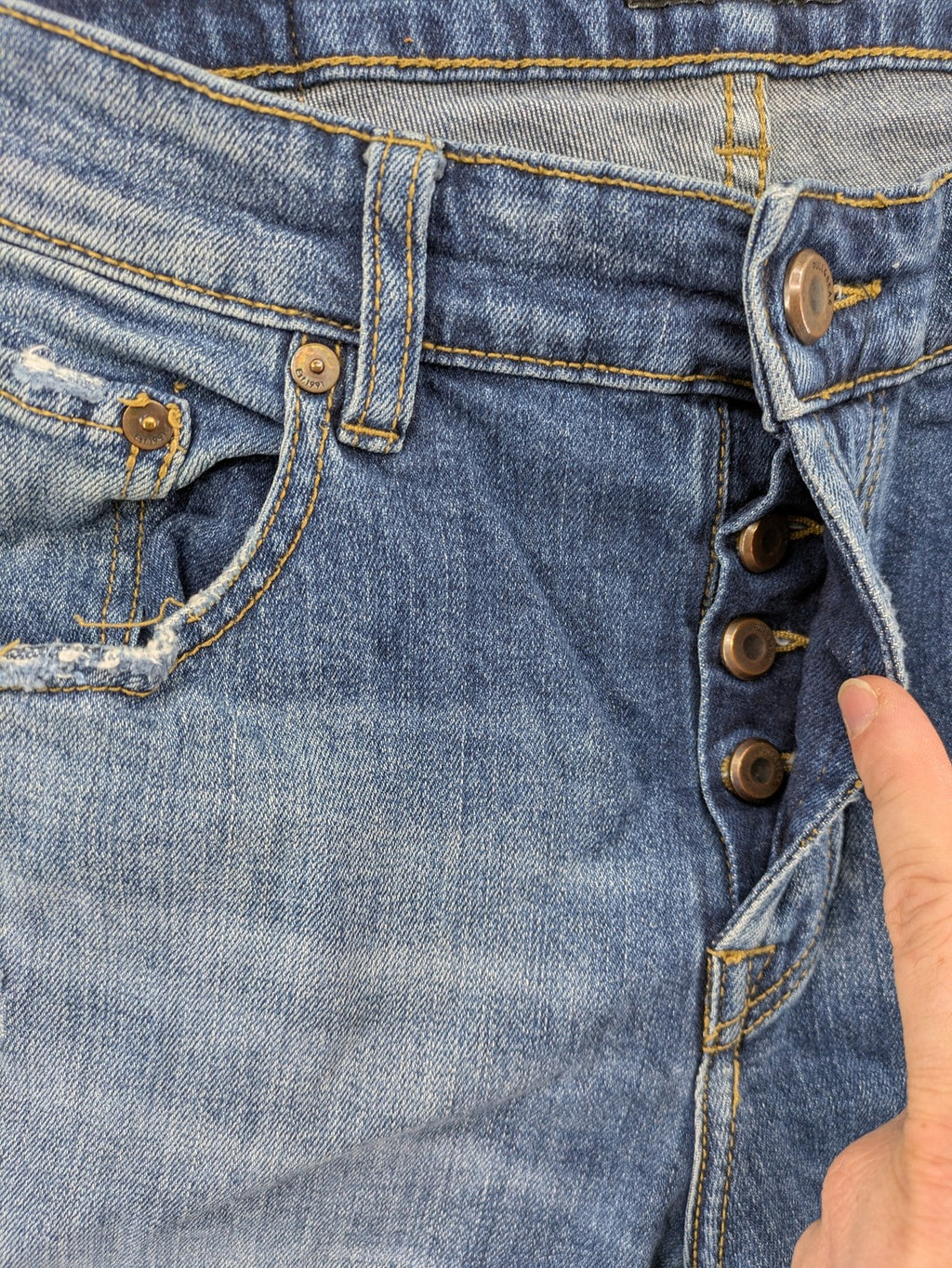 Pull & Bear blue distressed ripped straight jeans with button fly and classic wash.