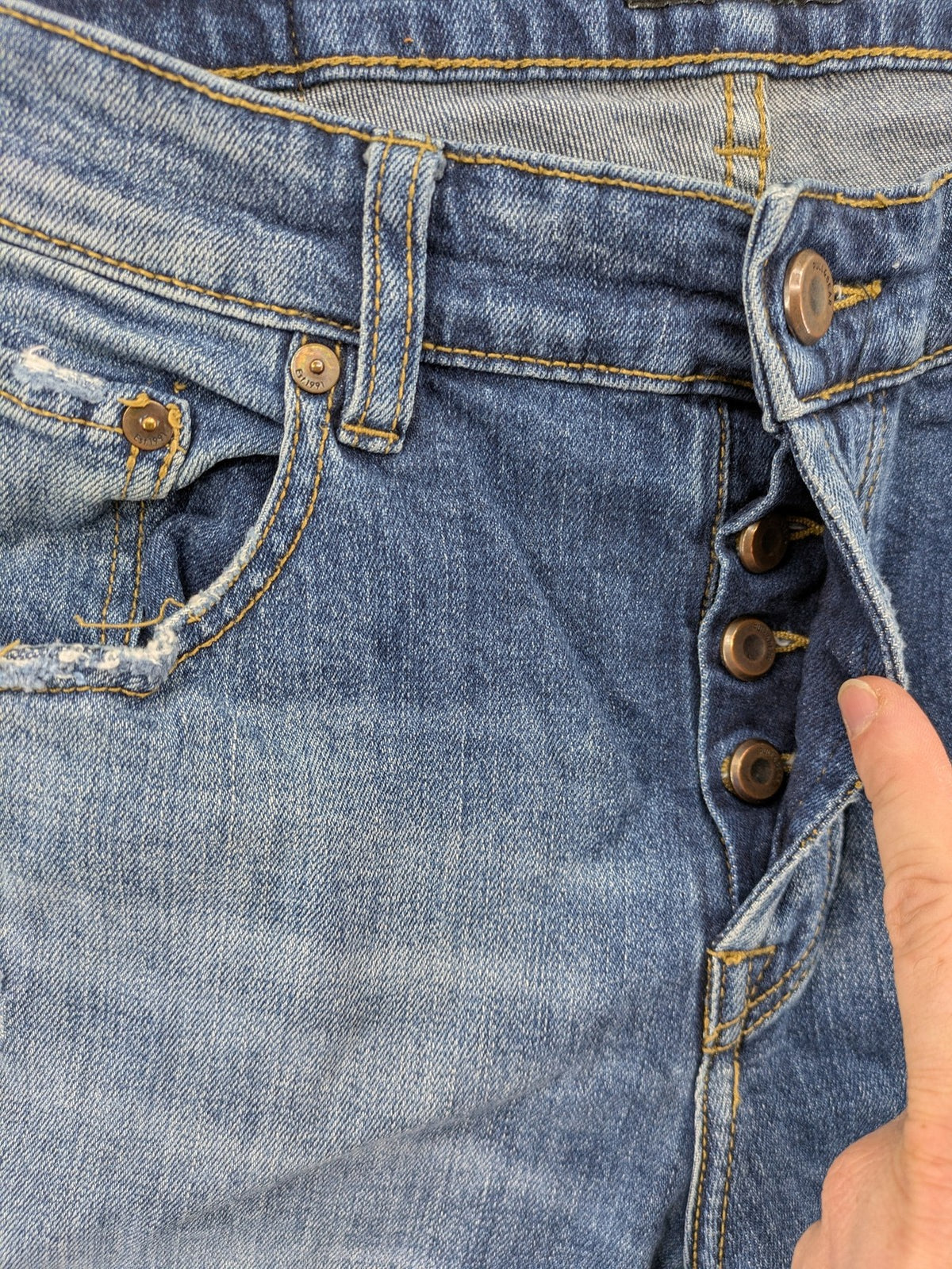 Pull & Bear blue distressed ripped straight jeans with button fly and classic wash.