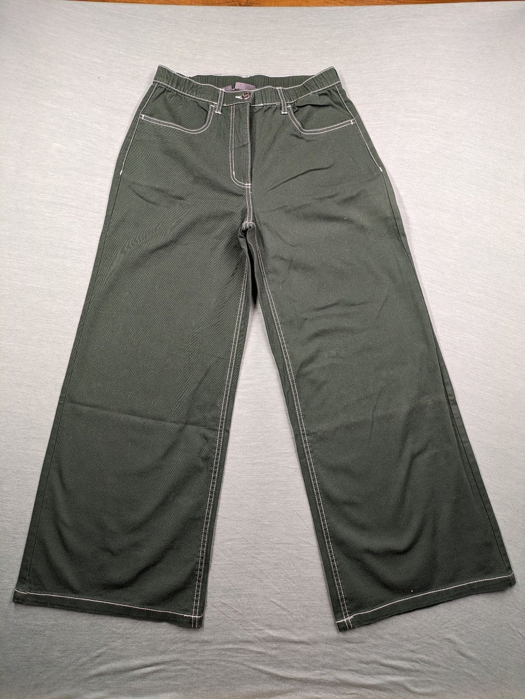 BPC Bonprix green pants wide leg high waist with white contrast stitching