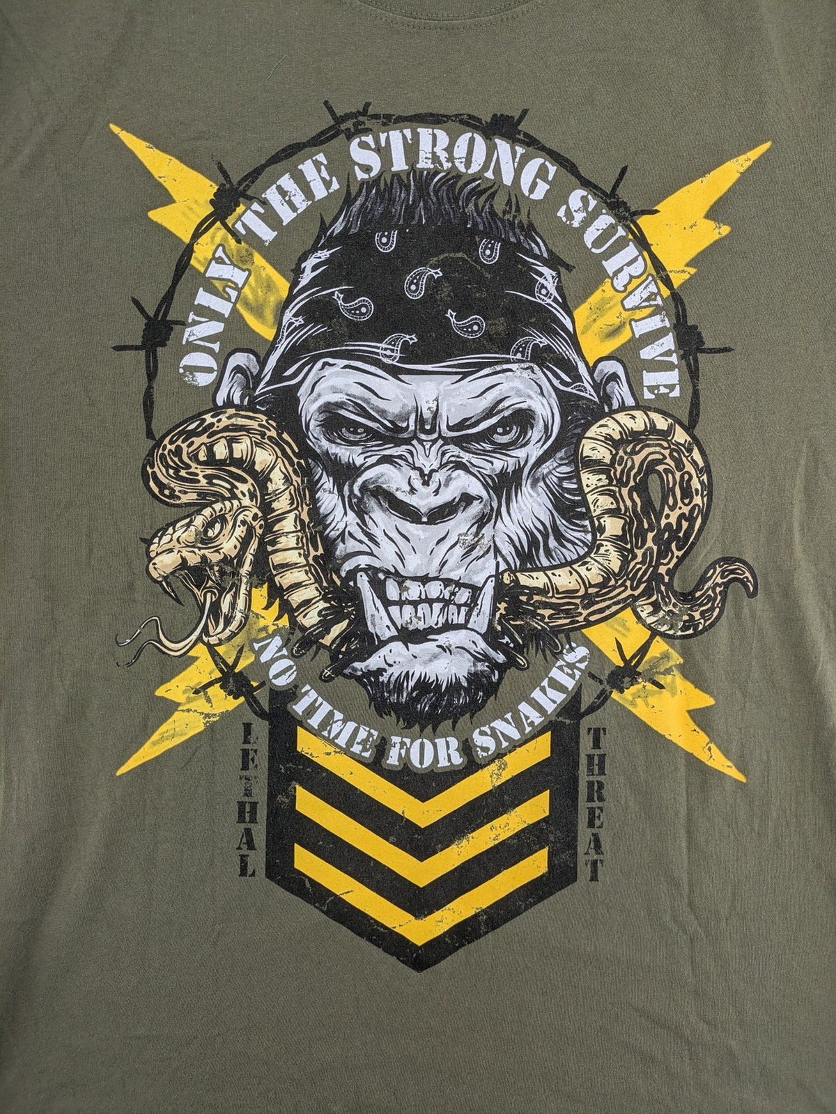 Lethal Threat multi band t-shirt featuring biker gorilla graphic and winged design.