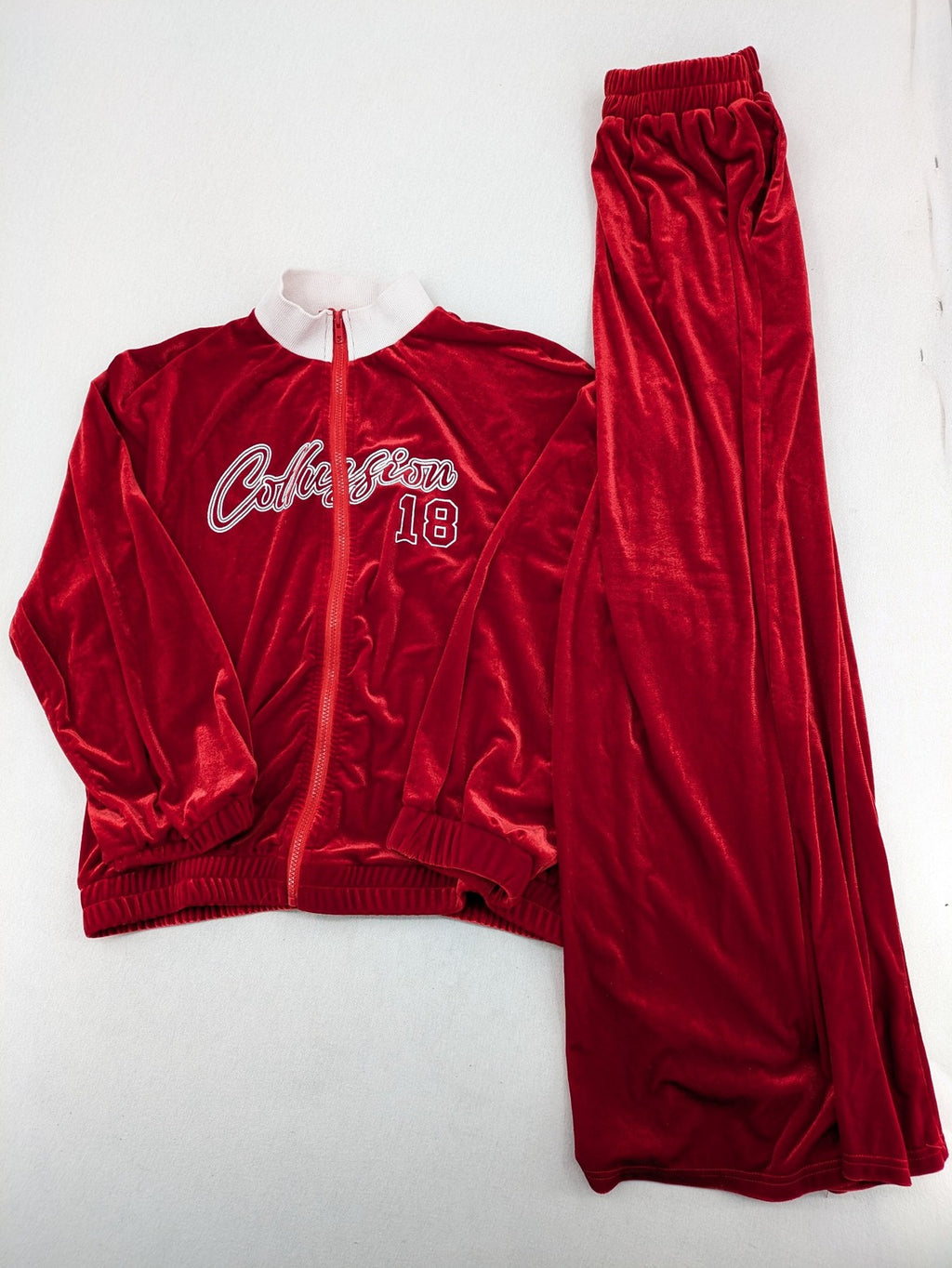 SHEIN red loungewear set velvet fabric with white collar and "Collision 18" graphic.