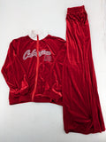 SHEIN red loungewear set velvet fabric with white collar and "Collision 18" graphic.