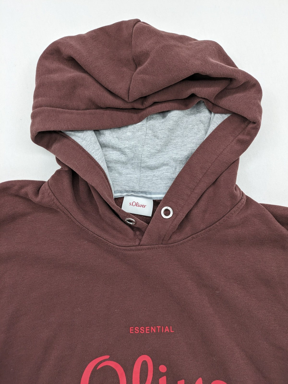 s.Oliver hoodie bordeaux graphic print logo, cotton blend, contrasting grey hood lining