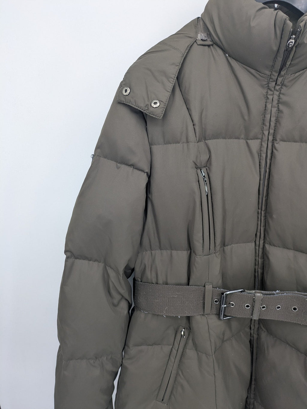 Yessica khaki puffer coat long quilted design with belt, zip pockets, and hood.