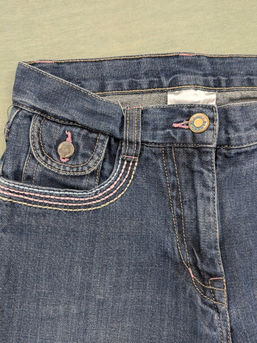 Straight Leg blue pants 100% cotton with decorative stitching and classic 5-pocket style.