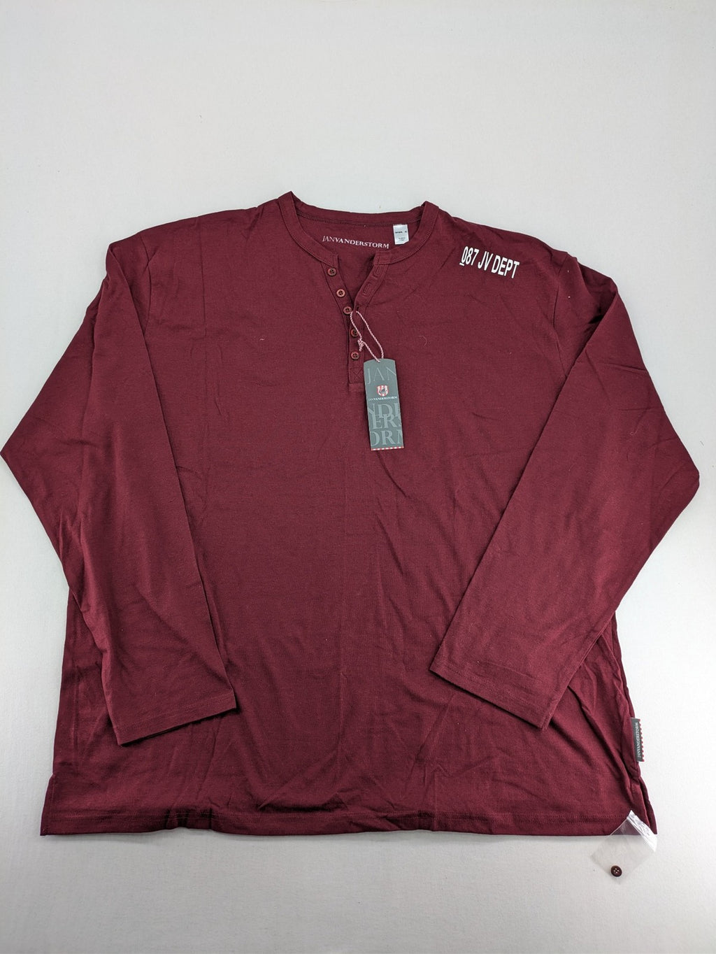 Jan Vanderstorm burgundy Henley shirt with button placket and "087 JV DEPT" graphic print.