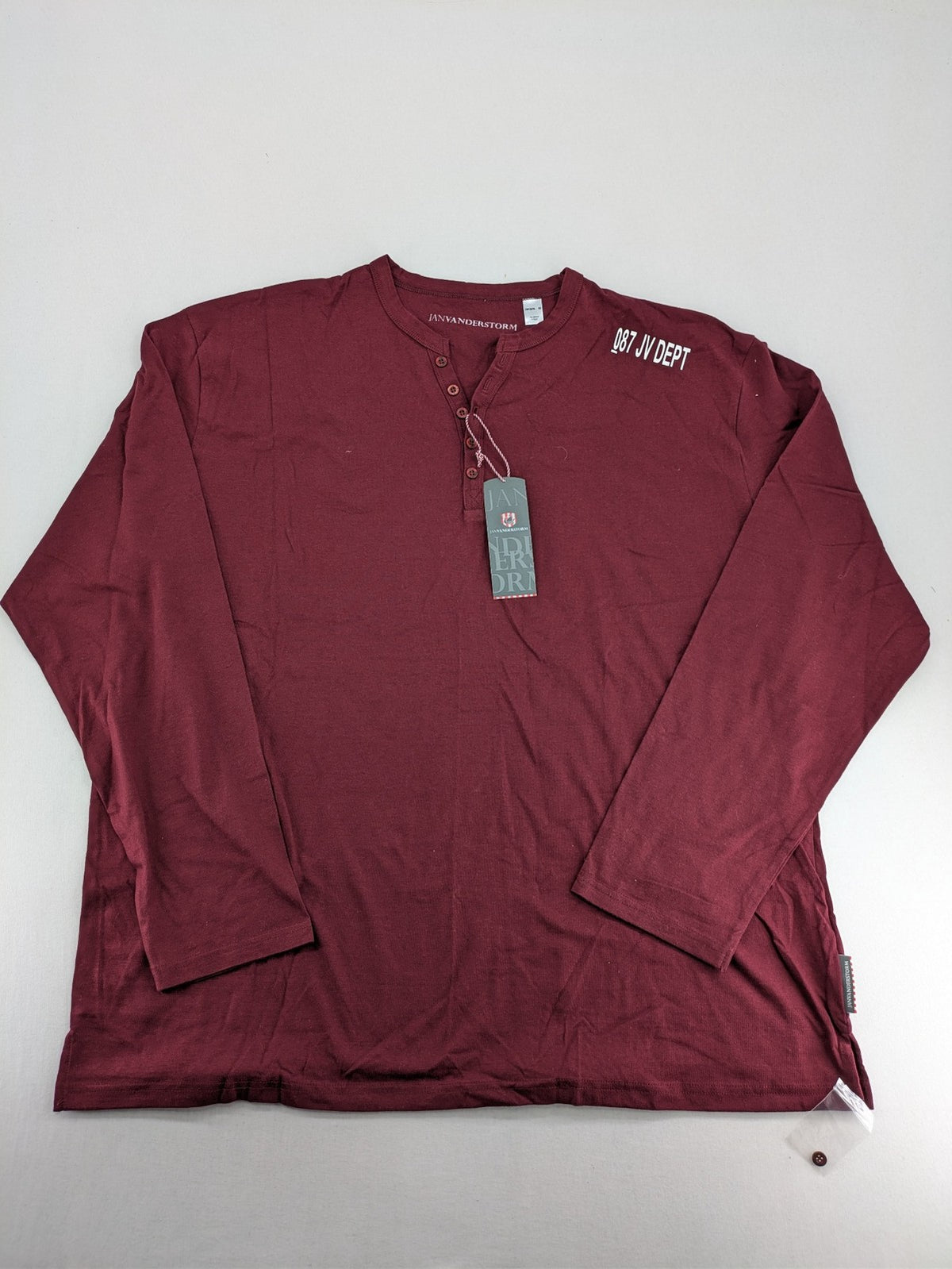 Jan Vanderstorm burgundy Henley shirt with button placket and "087 JV DEPT" graphic print.