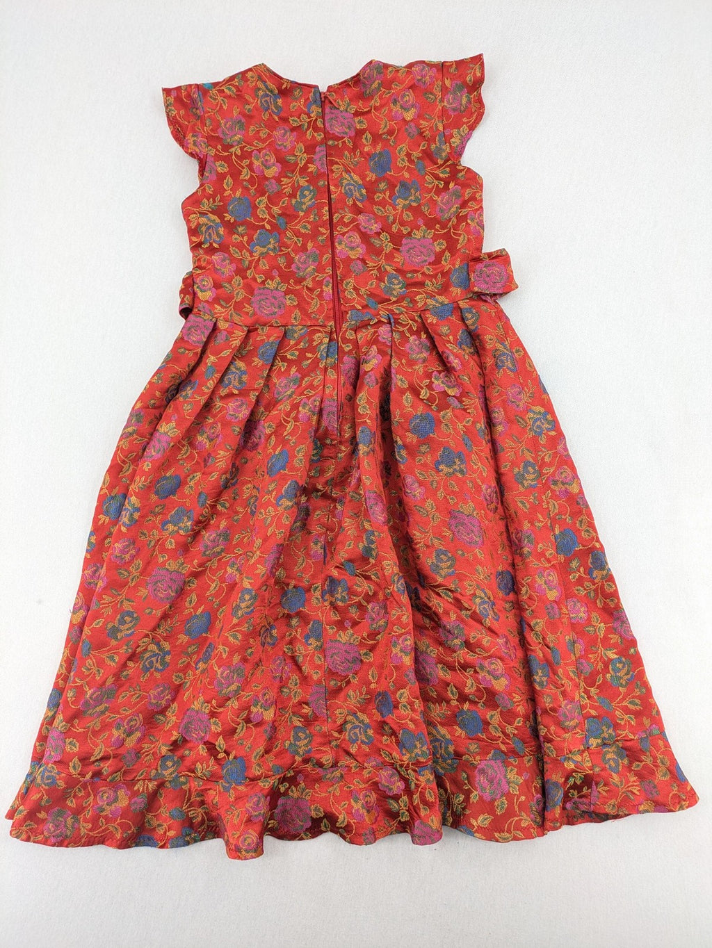 Jacquard multi A-line dress red floral jacquard pattern with matching waist tie.