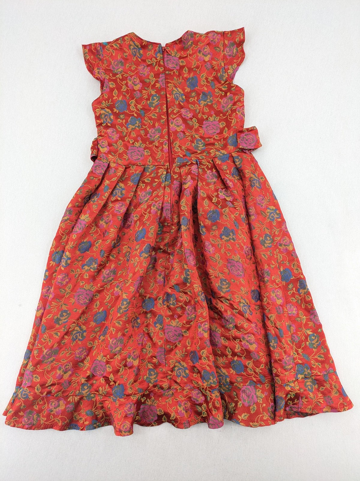 Jacquard multi A-line dress red floral jacquard pattern with matching waist tie.