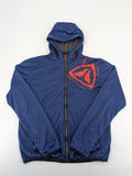 Firefly blue softshell jacket with adjustable hood and prominent chest logo.