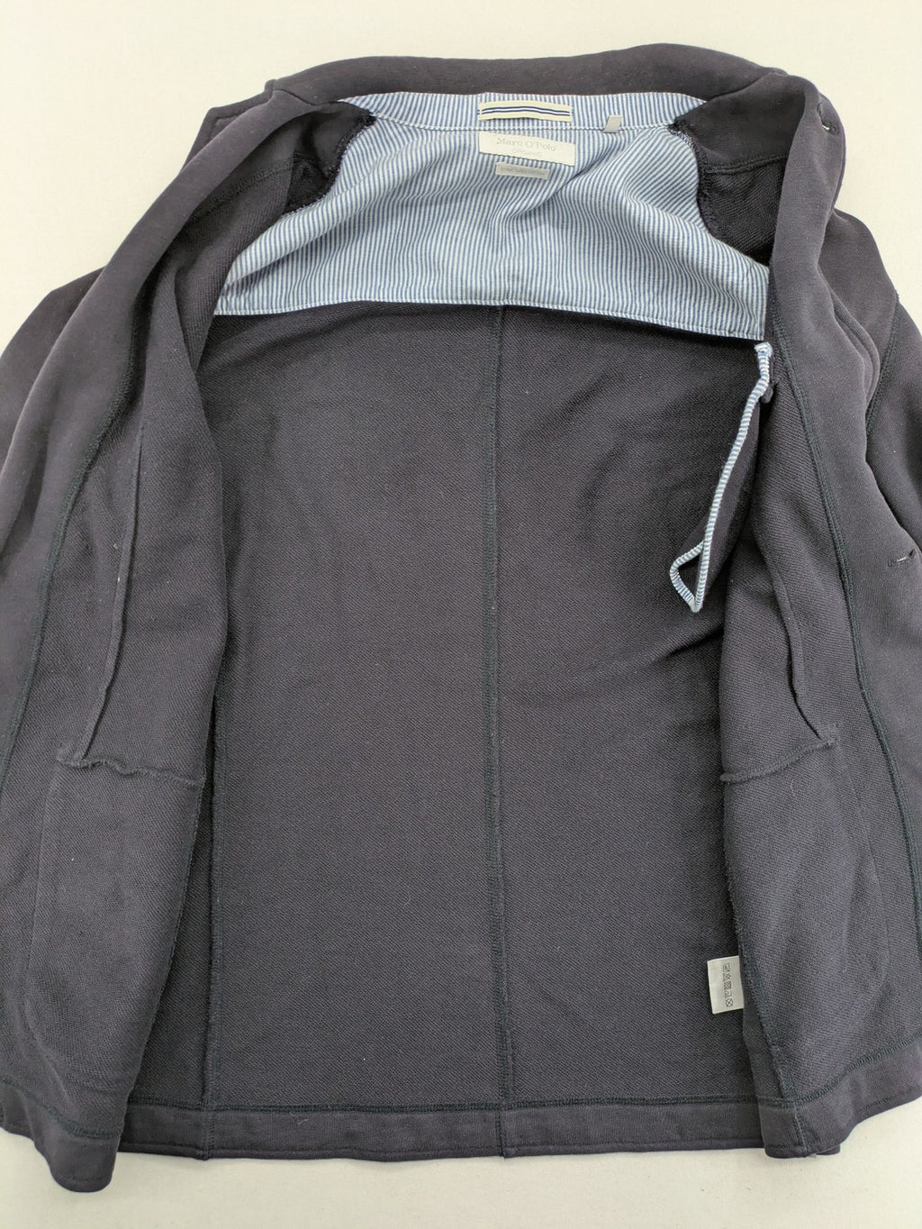 Marc O'Polo grey sweatblazer jacket, structured organic cotton, elbow patches, striped inner lining.