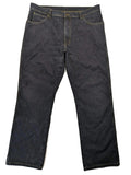 Wrangler straight jeans dark blue wash 5-pocket design with zipper, durable cotton blend.
