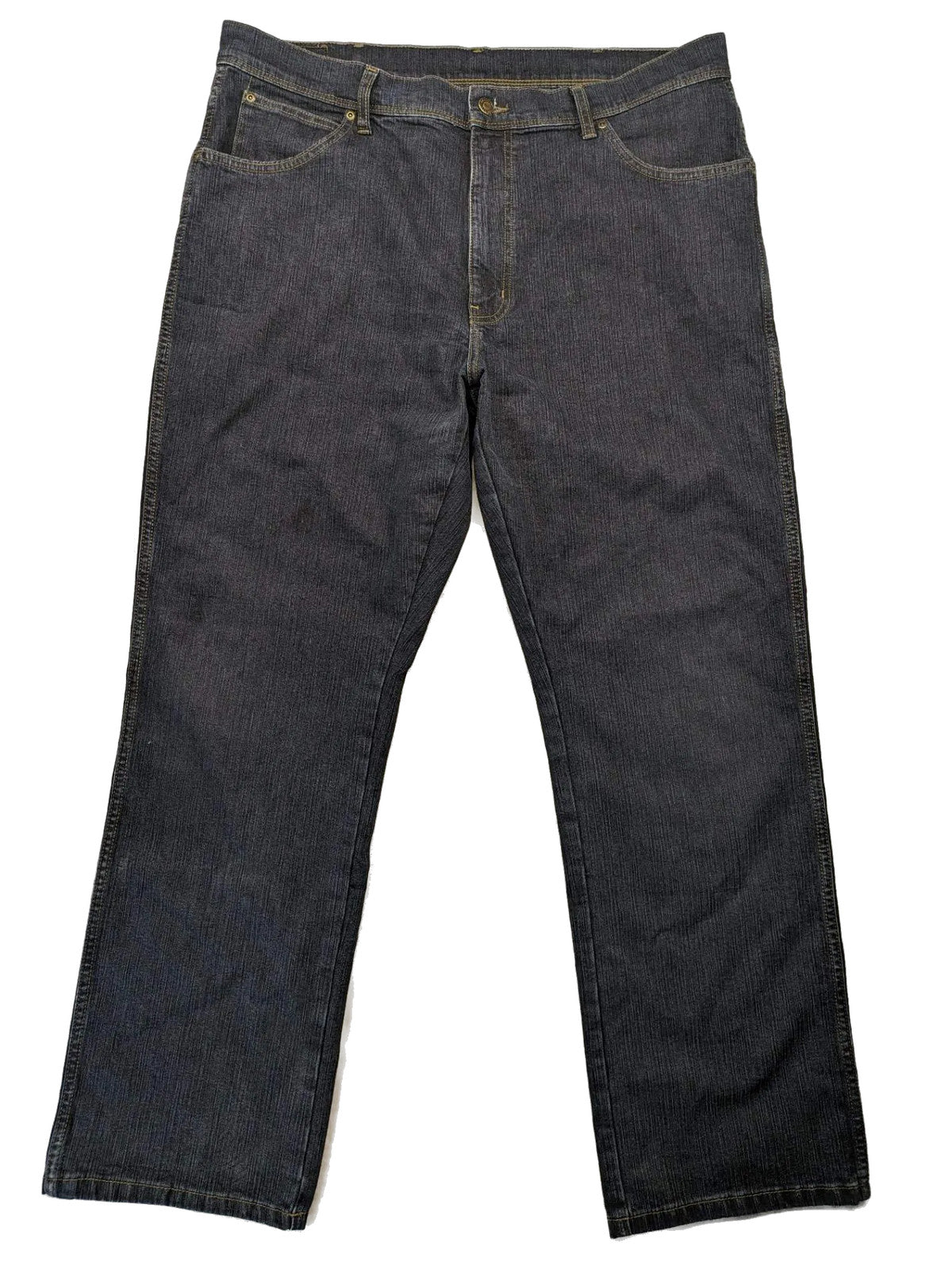 Wrangler straight jeans dark blue wash 5-pocket design with zipper, durable cotton blend.