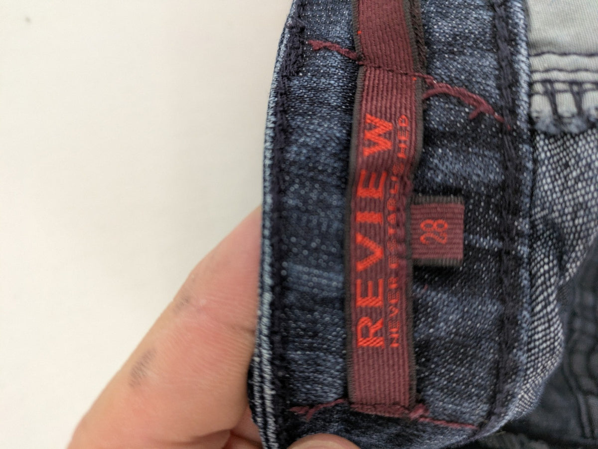 Review straight leg jeans dark blue low rise stretch denim with classic design.