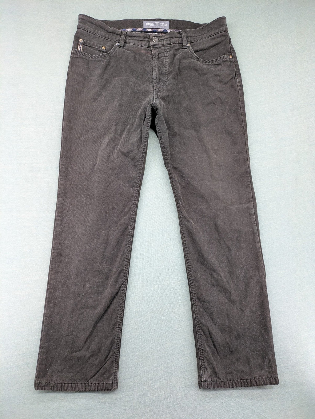 BRAX grey cord pants 5-pocket design with subtle checkered waistband lining