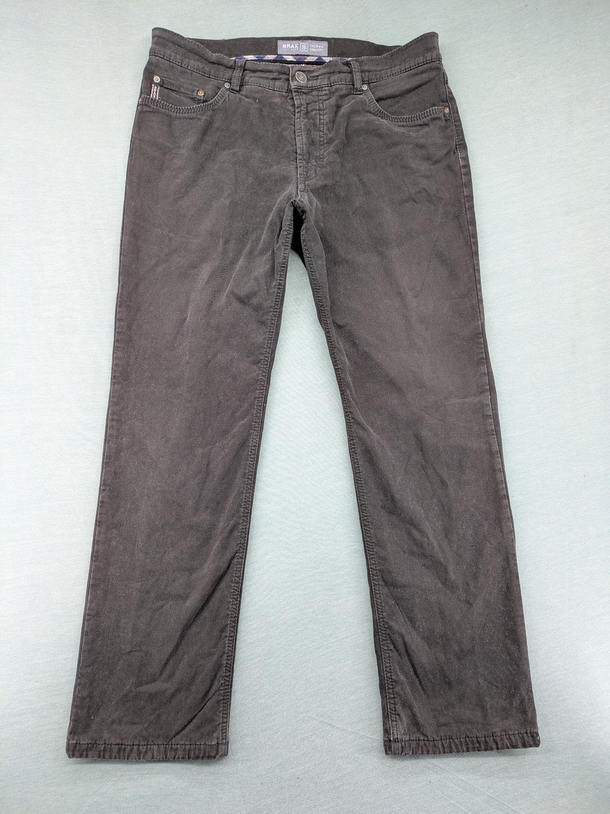BRAX grey cord pants 5-pocket design with subtle checkered waistband lining