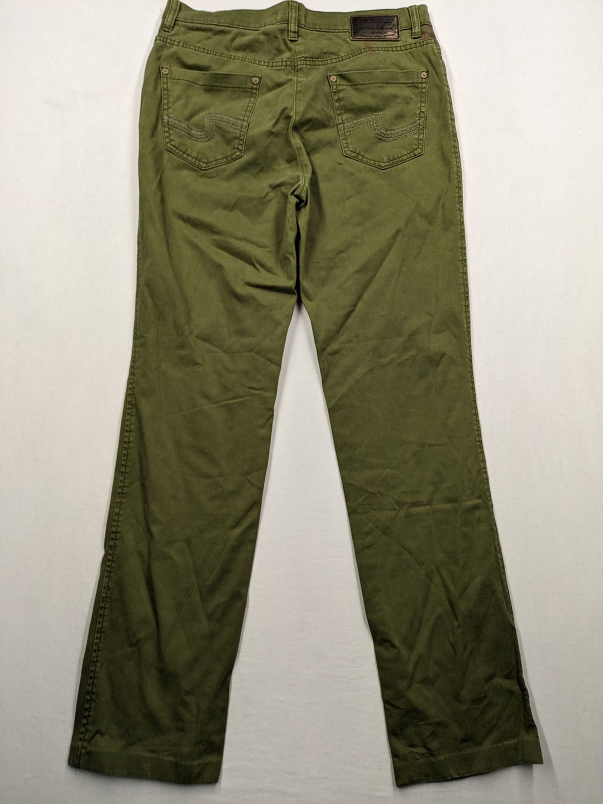 BRAX khaki pants classic five-pocket style with logo patch and zip button closure.