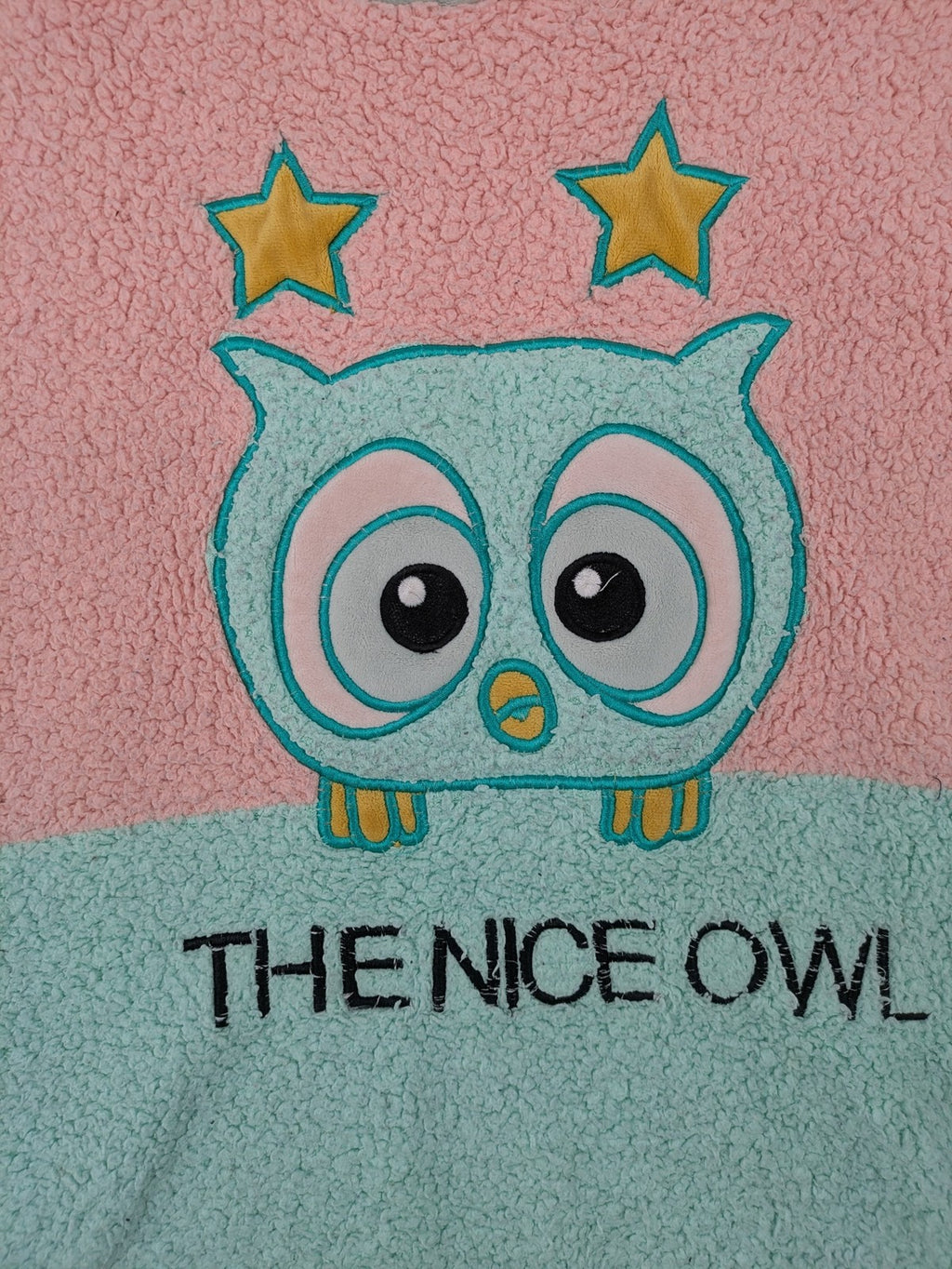 Damen turtle neck jumper blue and green, cute embroidered owl design, soft teddy fleece material.