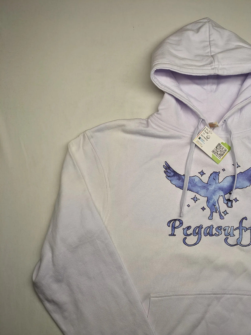 JHK blue hoodie with white "Pegasuff" graphic print and kangaroo pocket.