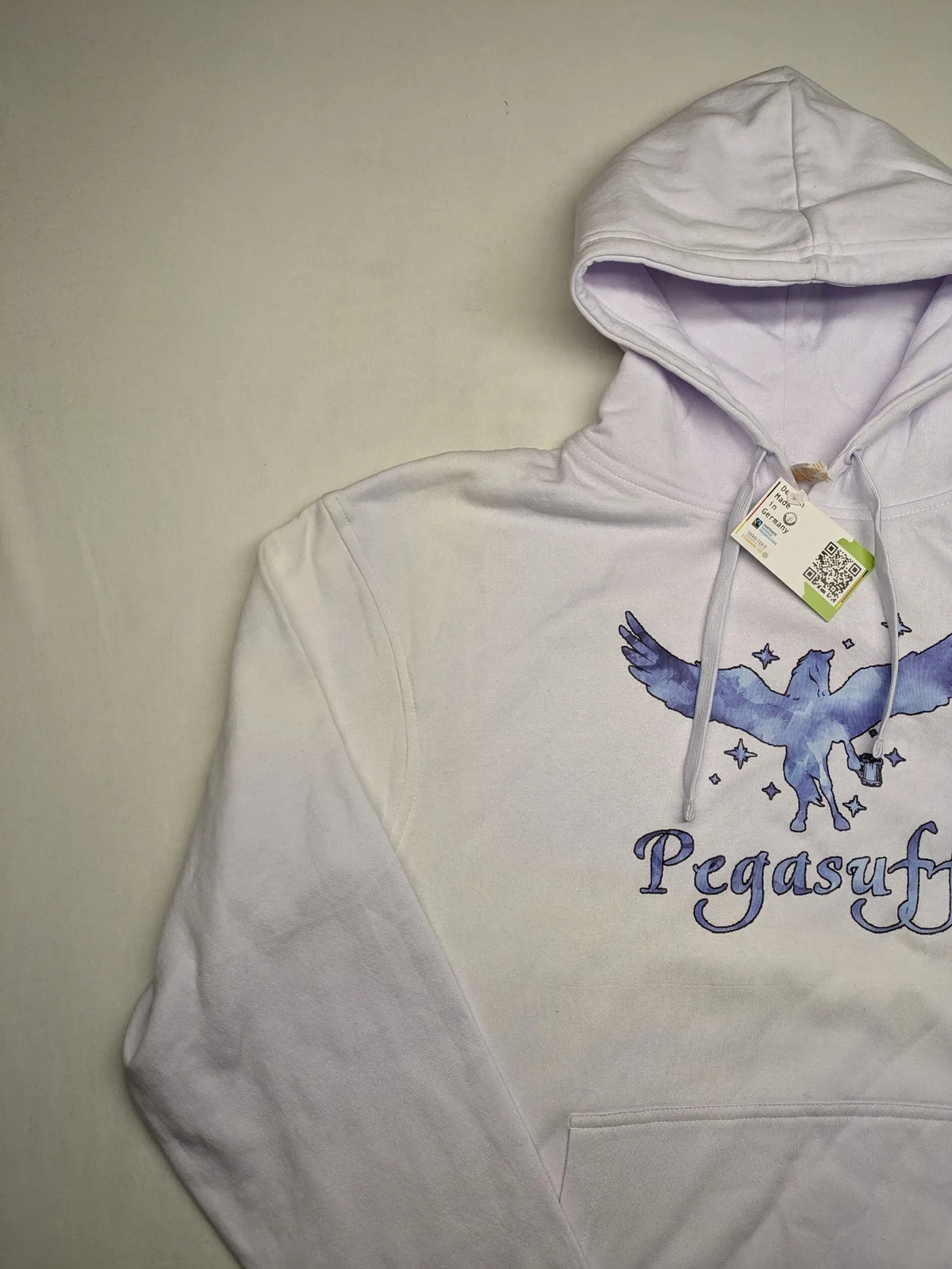 JHK blue hoodie with white "Pegasuff" graphic print and kangaroo pocket.