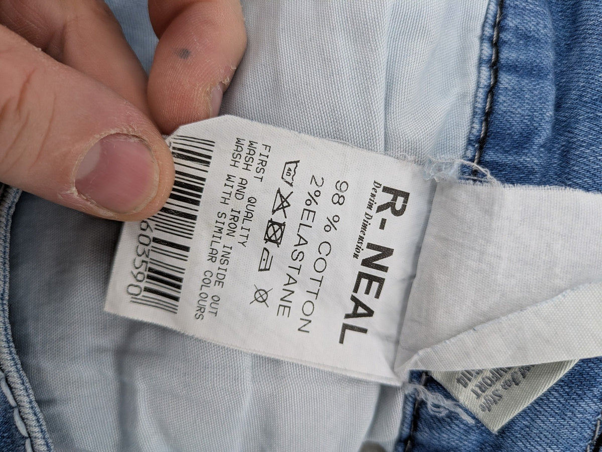 R-Neal blue straight jeans with red-white contrast stitching and classic 5-pocket design.
