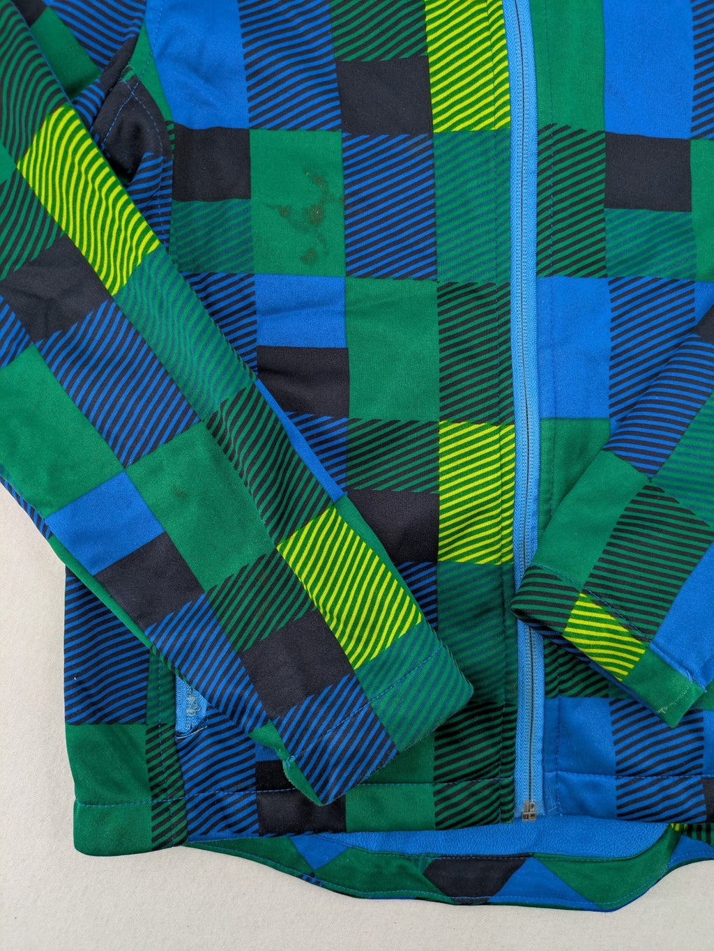 Pepperts multi softshell jacket plaid pattern blue green black, fleece lined, hooded.