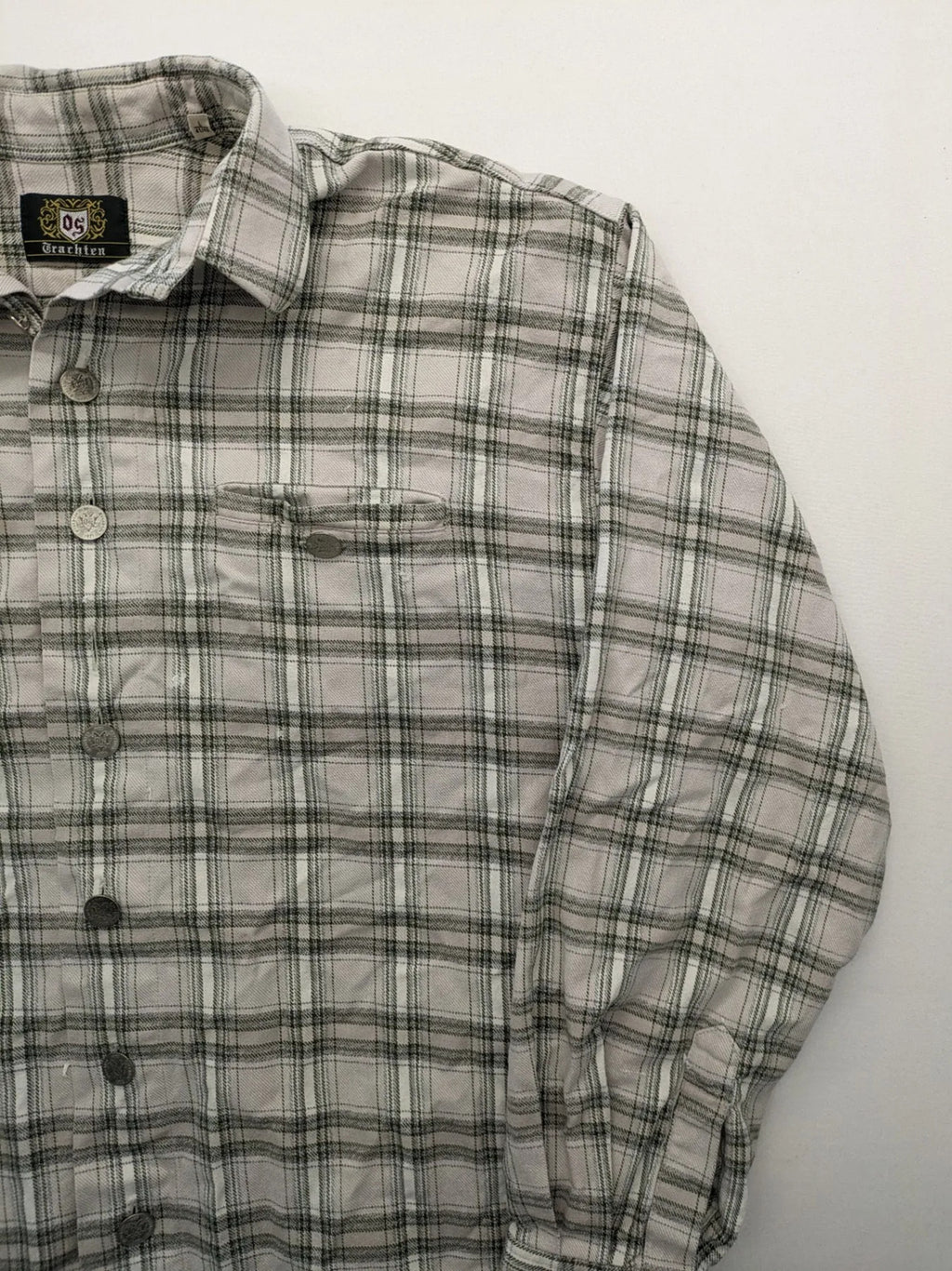OS Trachten beige green checkered long sleeve shirt with button-up front and chest pocket.