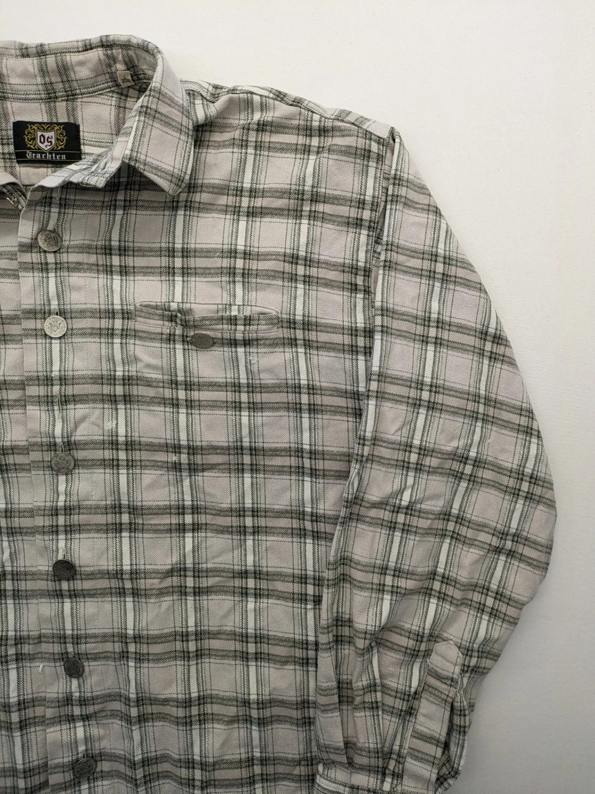 OS Trachten beige green checkered long sleeve shirt with button-up front and chest pocket.