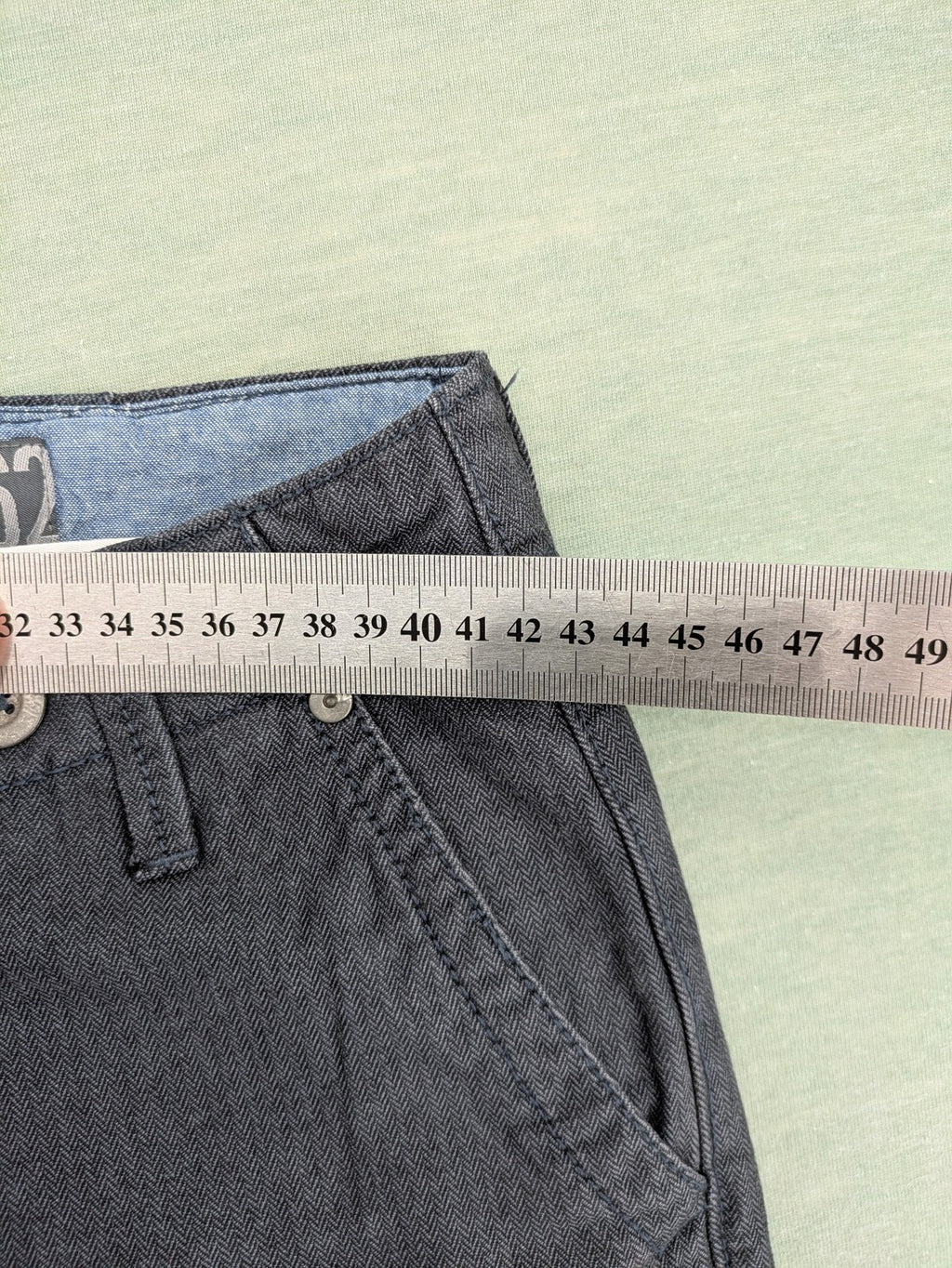 WE grey straight leg chinos 100% cotton button fly with unique brand buttons