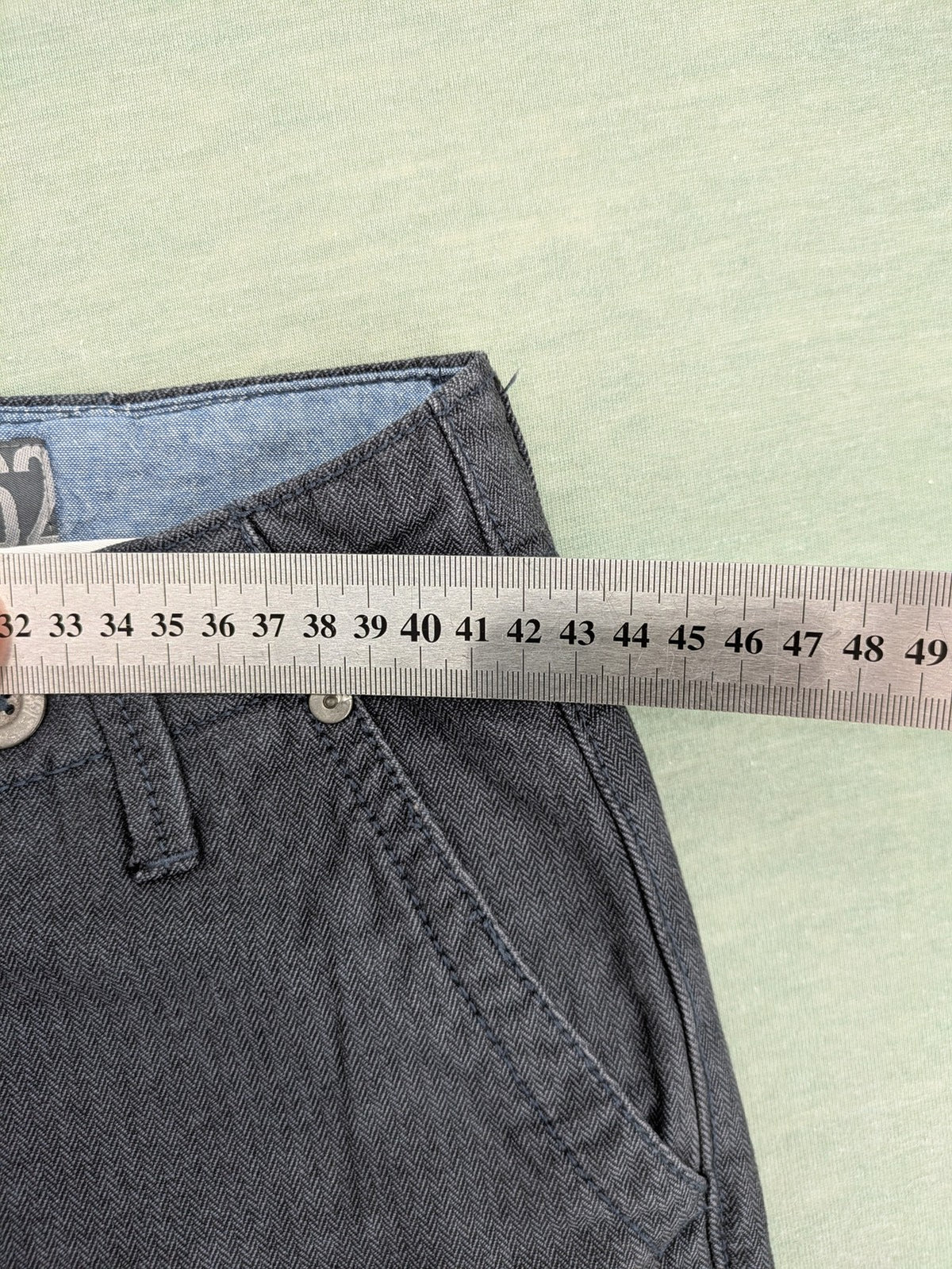 WE grey straight leg chinos 100% cotton button fly with unique brand buttons