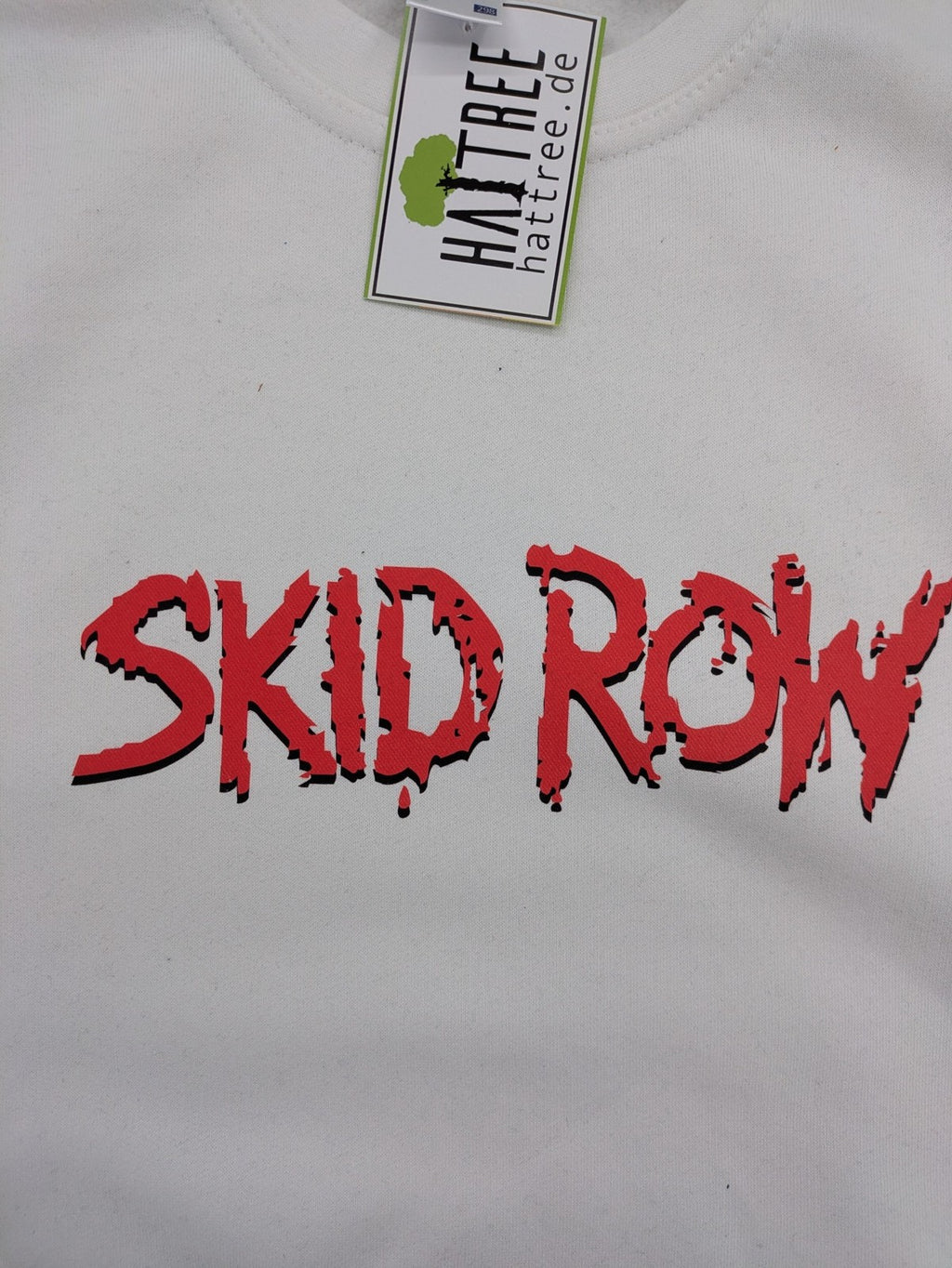 Skid Row white sweatshirt with red dripping logo, cotton-polyester blend, crewneck style.