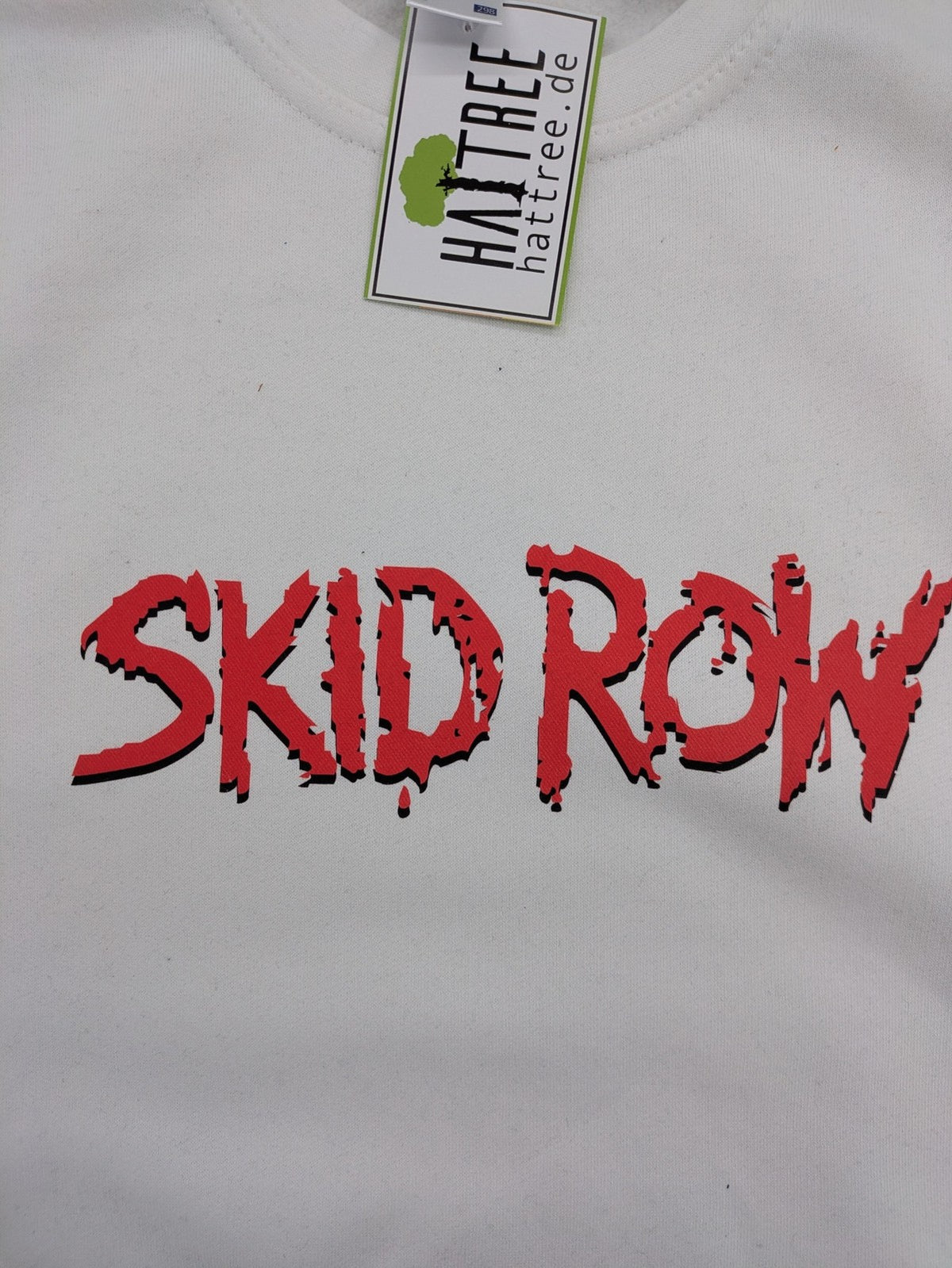Skid Row white sweatshirt with red dripping logo, cotton-polyester blend, crewneck style.