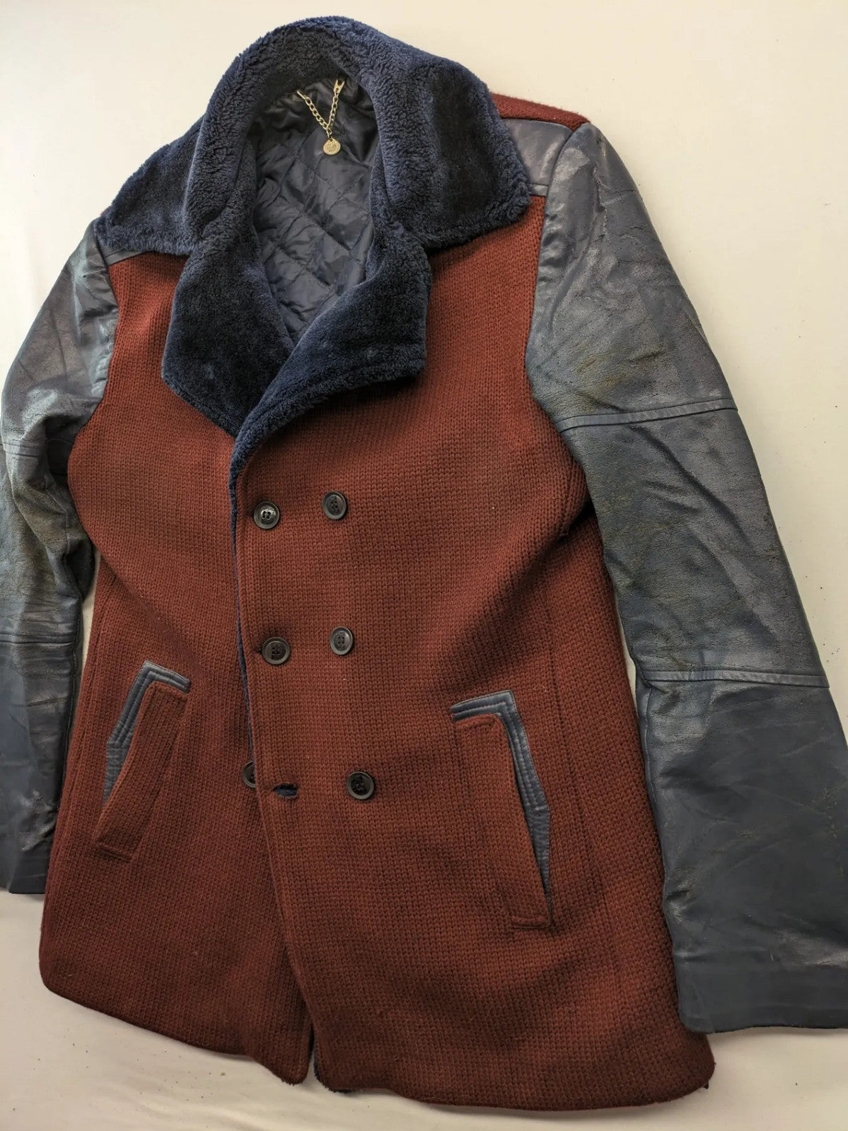 MCR peacoat burgundy grey navy wool blend with leather sleeves and Sherpa collar.