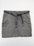 Bench khaki cargo mini skirt with belt, multiple pockets, and durable cotton material.