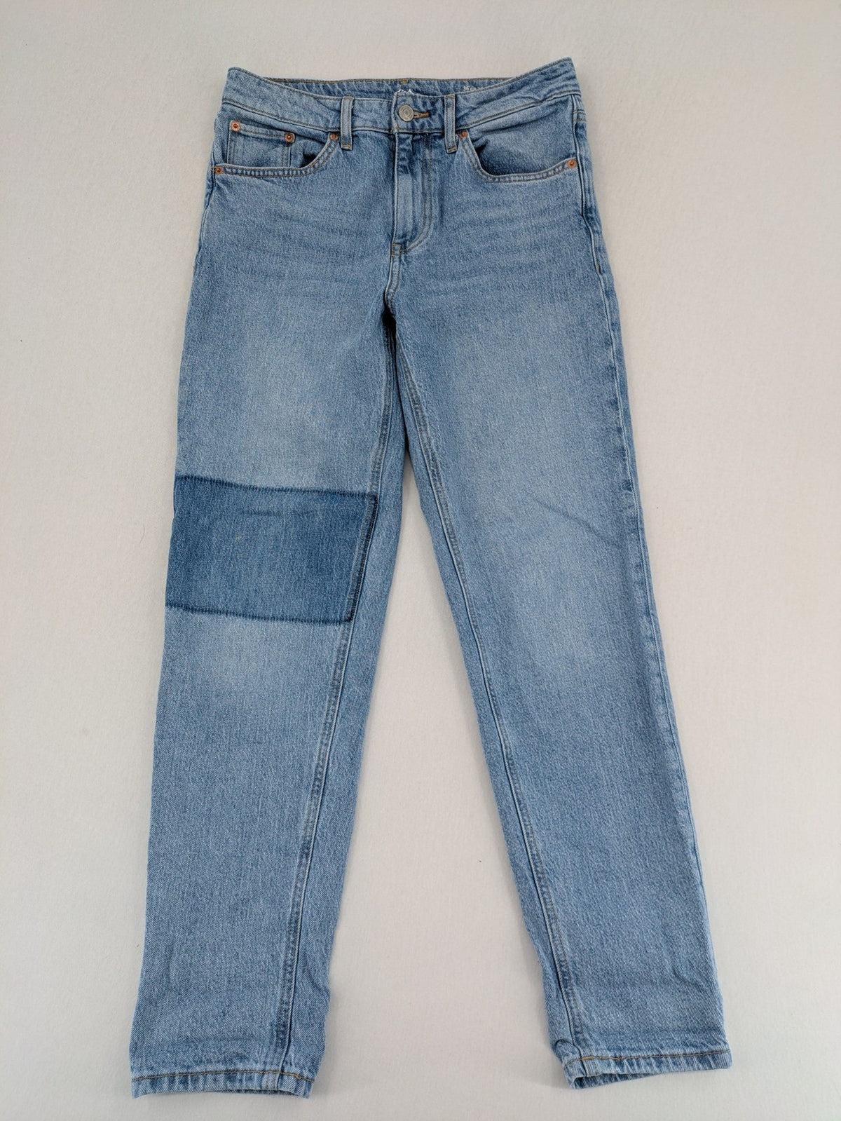 C&A blue mom jeans high waist with unique patchwork design and soft stretch denim.