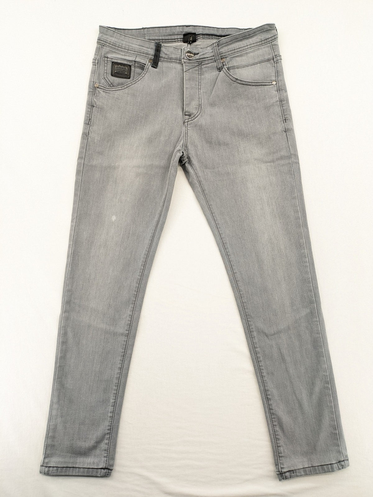 Born Rich grey slim fit jeans with logo patch and washed denim look.