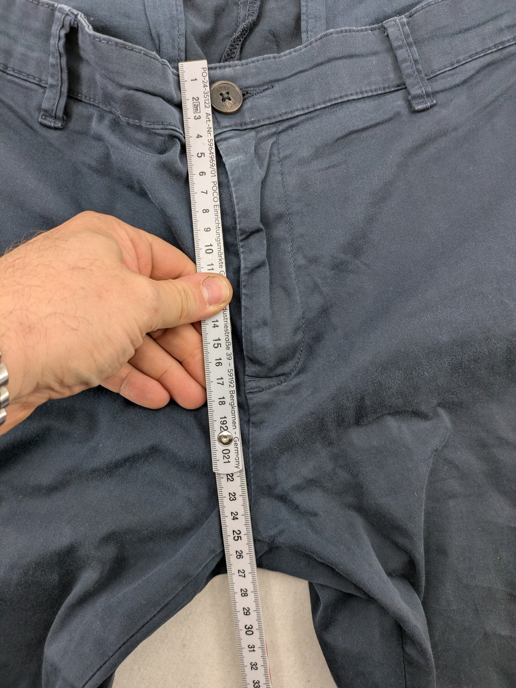 smog blue chino pants with belt loops, button fly, and side pockets