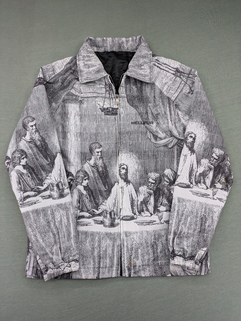 Hellpur black jacket featuring allover print of The Last Supper artwork.