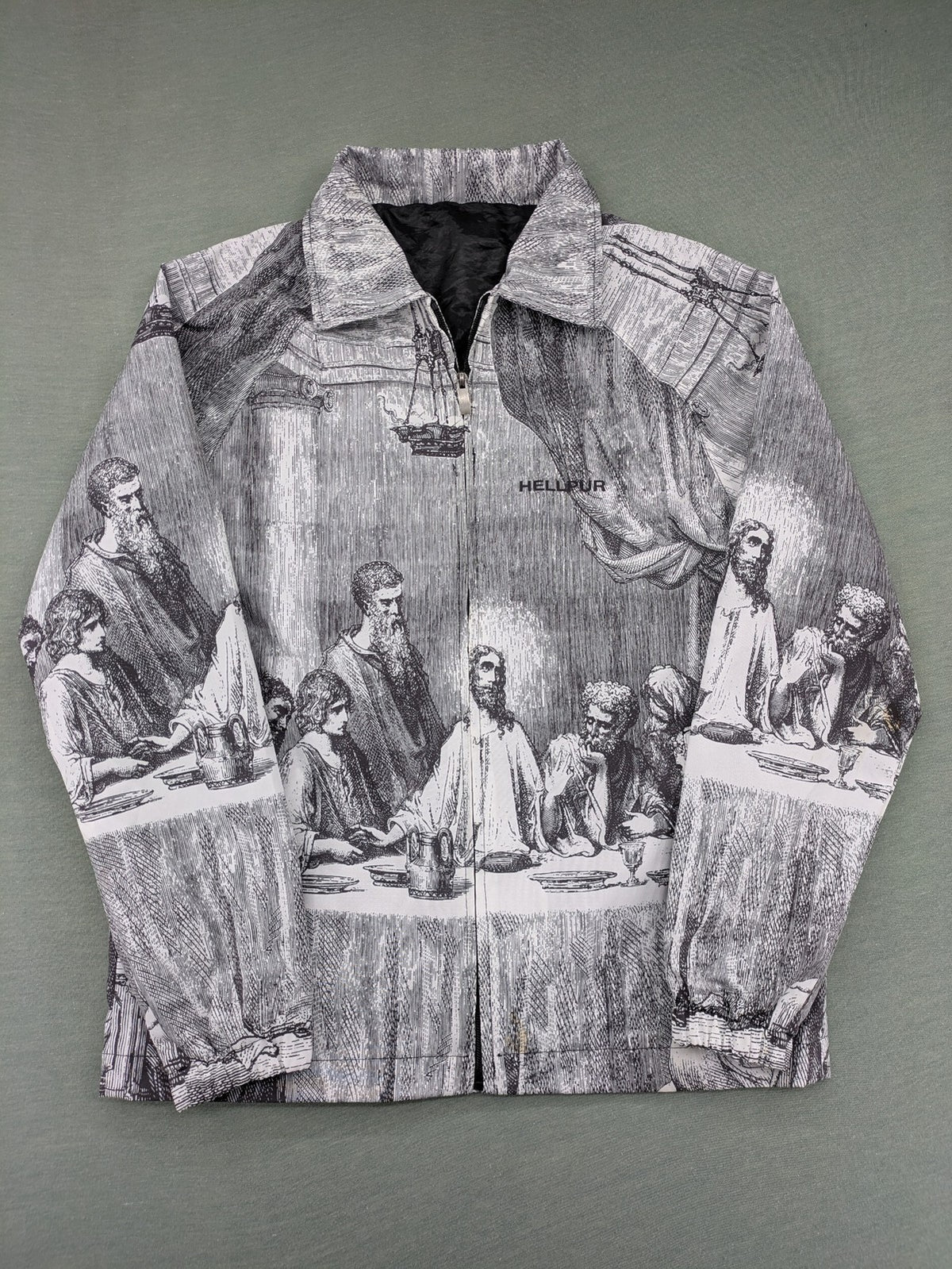 Hellpur black jacket featuring allover print of The Last Supper artwork.