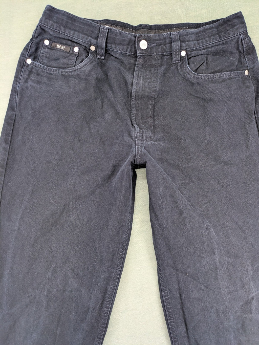 BOSS Hugo Boss grey straight jeans classic 5-pocket design with leather patch.