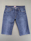 Levi's blue cut-off shorts with frayed hem, classic 5-pocket design, button fly.