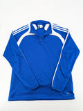 Adidas blue long sleeve top with white three stripes and 1/4 zip collar.