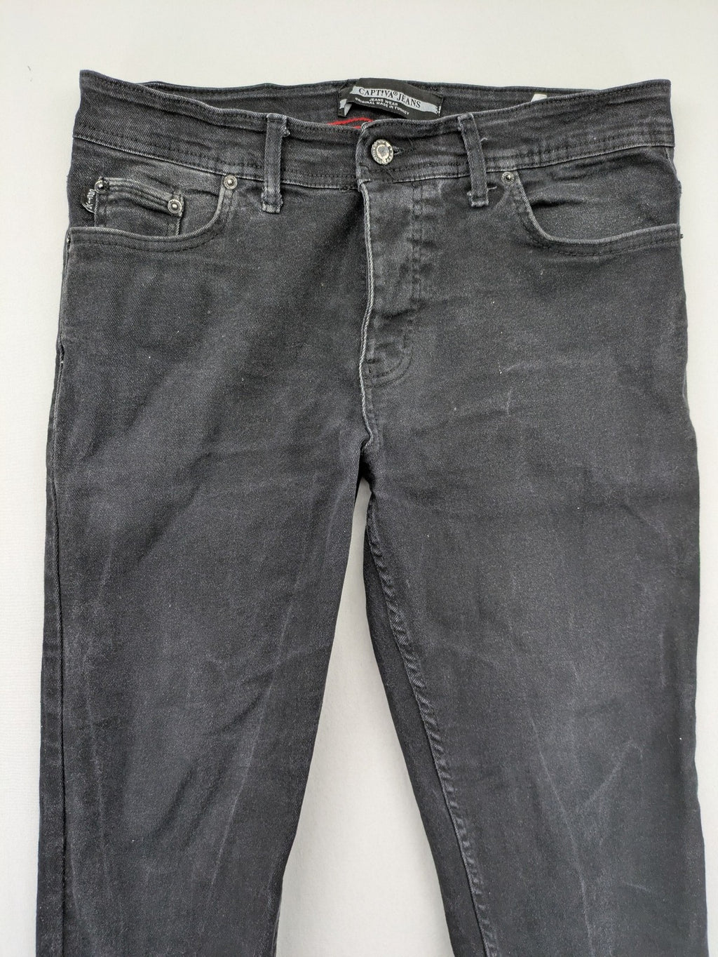 Captiva Jeans black straight jeans, classic five-pocket style, button fly, washed denim.