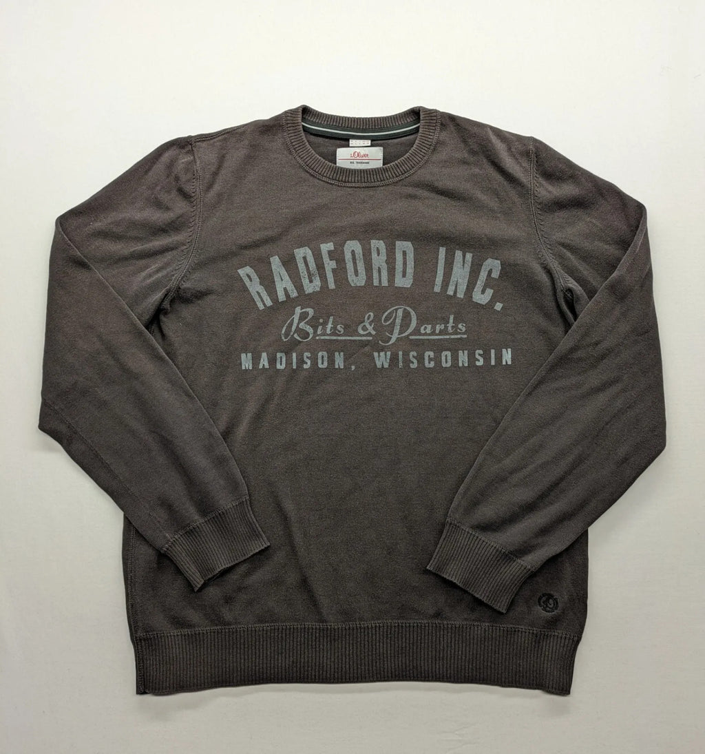 s.Oliver brown turtle neck jumper with "Radford Inc." graphic print and ribbed cuffs.