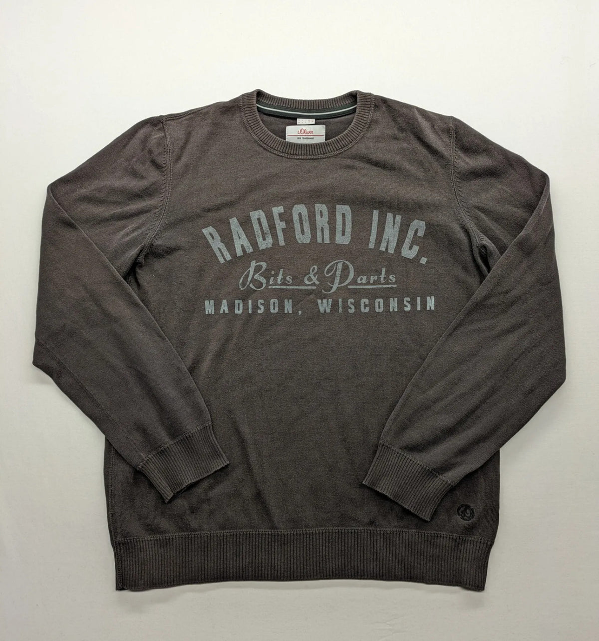s.Oliver brown turtle neck jumper with "Radford Inc." graphic print and ribbed cuffs.