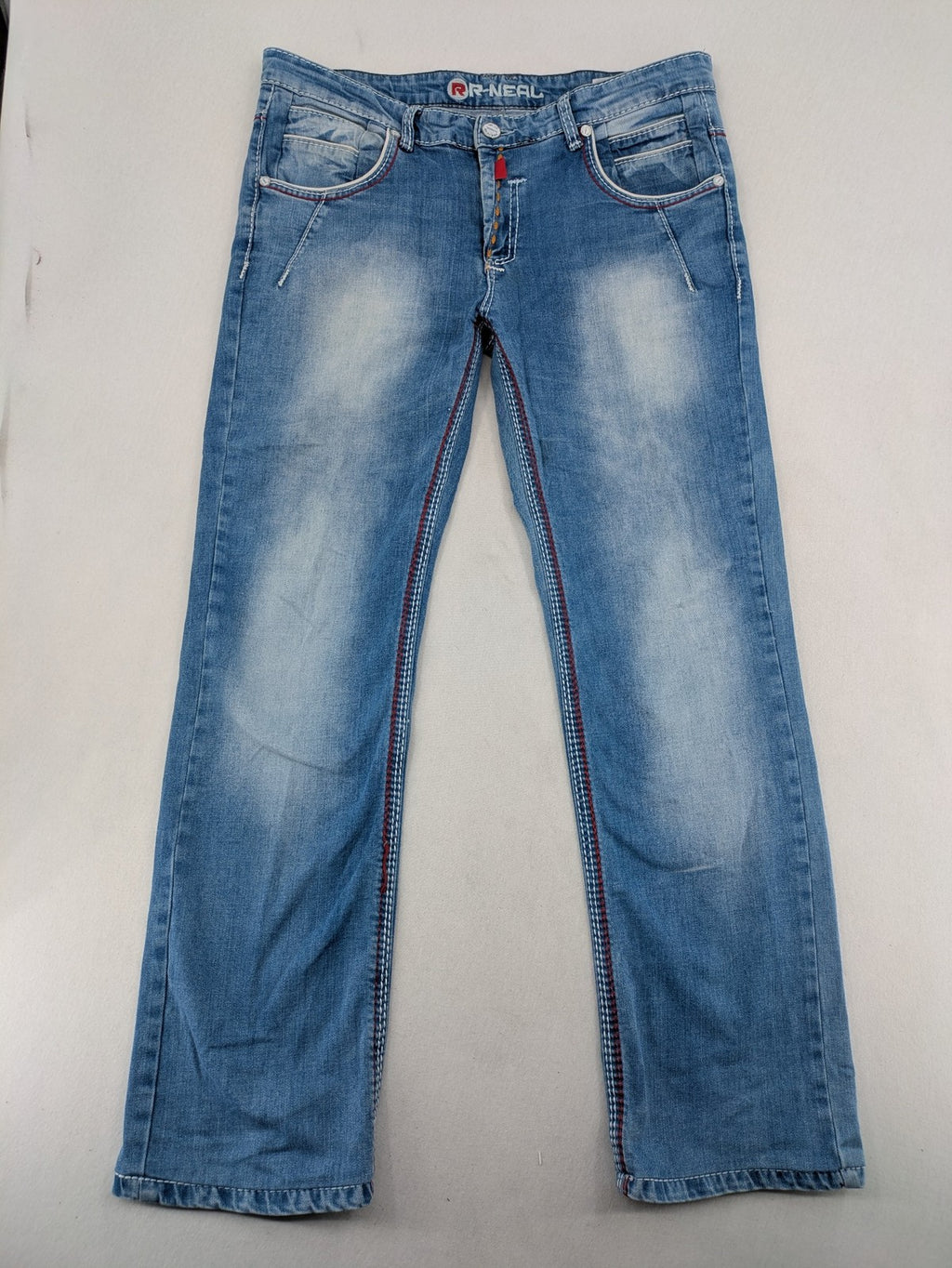 R-Neal blue straight jeans with red-white contrast stitching and classic 5-pocket design.