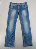 R-Neal blue straight jeans with red-white contrast stitching and classic 5-pocket design.