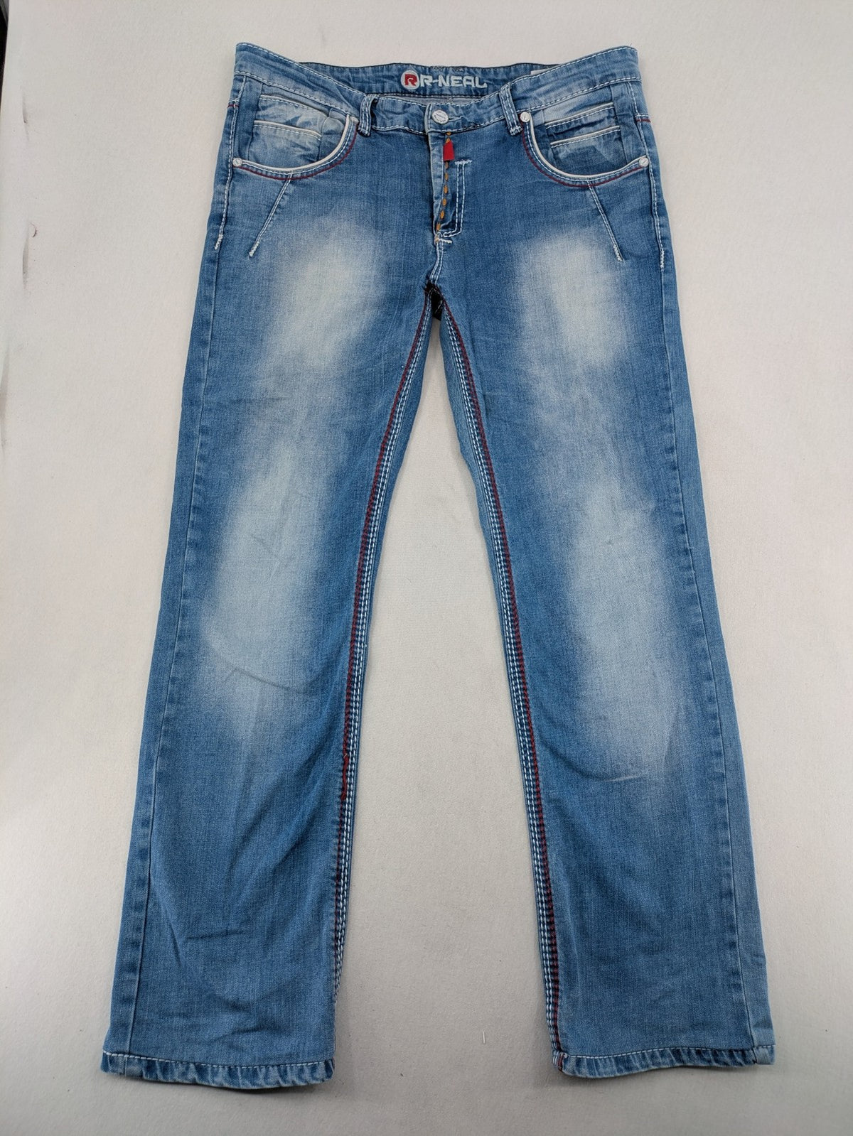 R-Neal blue straight jeans with red-white contrast stitching and classic 5-pocket design.